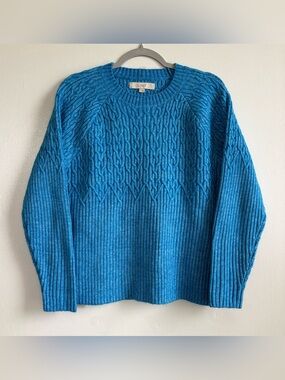 LOFT Bright Blue Solid Cable Knit Crew Neck Pullover Sweater Women’s Regular L
